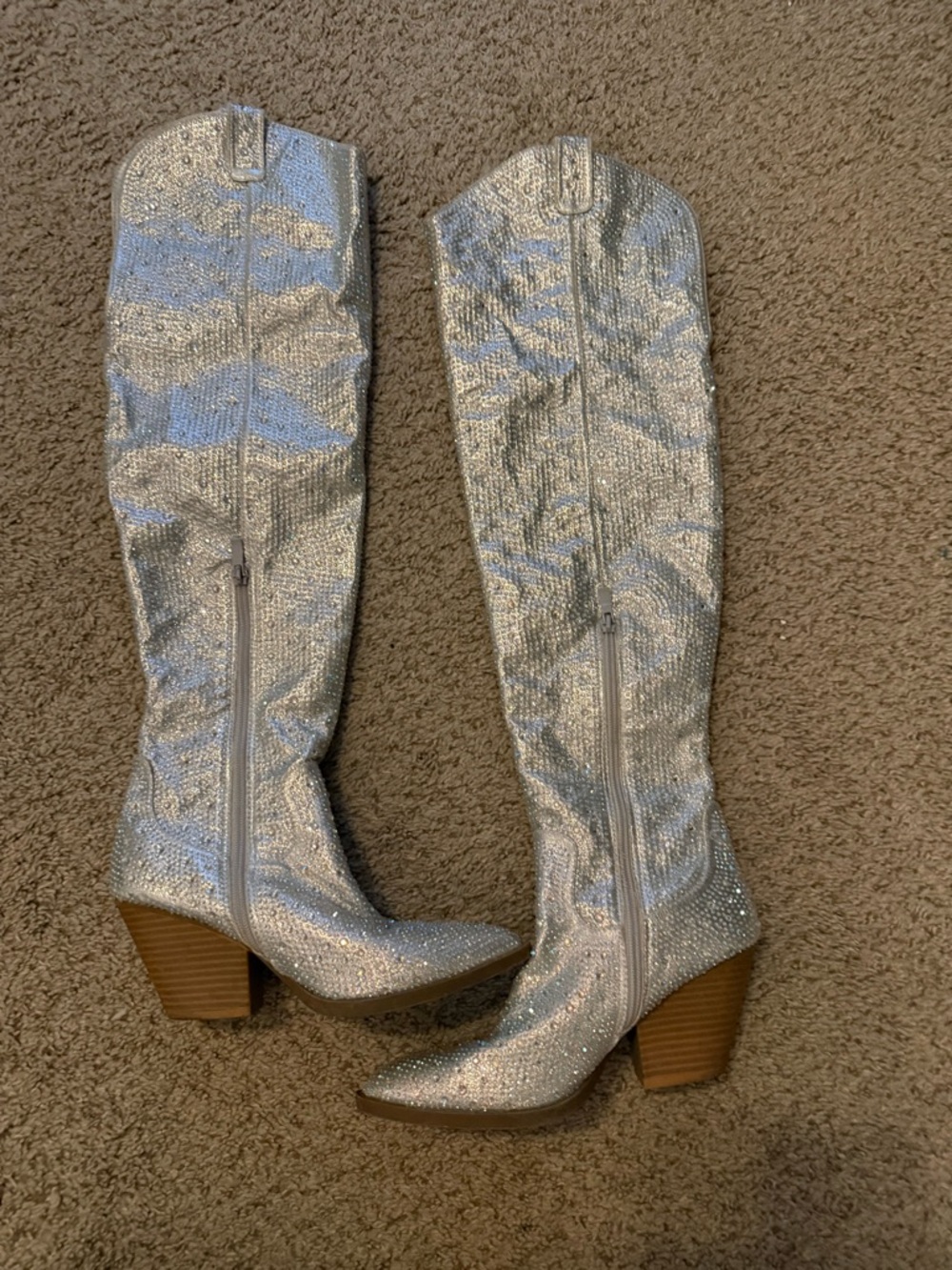 SHEIN Silver Glitter Knee-High Block Heel Boots